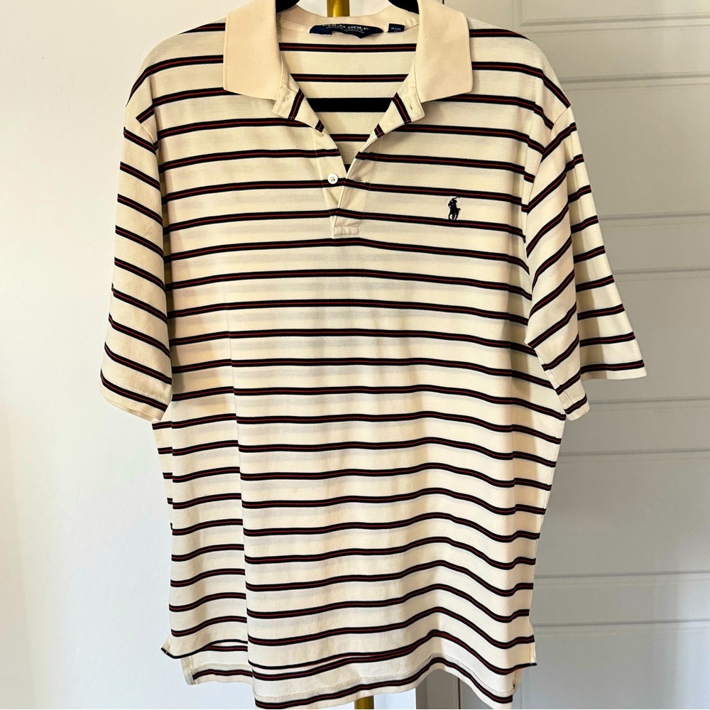 Men’s Pima Cotton Preppy‎ Short Sleeve Striped Beige Polo Golf Shirt Size Large